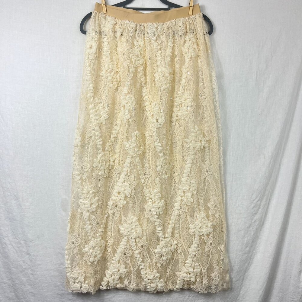 Lace Pull On Sheer Maxi Skirt Full Side Slit Womens M‎ Cottage Fairy Boho Gypsy